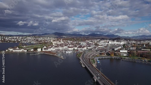 Wallpaper Mural Aerial panoramic drone view of Rapperswil-Jona historical Old town and castle, a popular day trip destination from Zurich, Rapperswil-Jona, Lake Zurich, Canton of St. Gallen, Switzerland Torontodigital.ca
