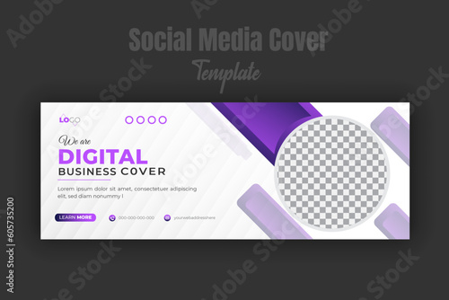 Digital marketing business timeline cover page or web banner template photo space modern layout purple gradient color geometric shapes white background for multipurpose