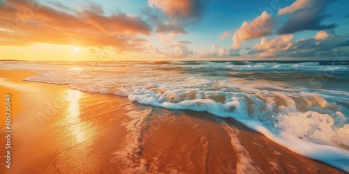 Closeup sea sand beach. Panoramic beach landscape. Inspire tropical beach seascape horizon. Orange and golden sunset sky calmness tranquil relaxing sunlight summer mood. Vacation travel holiday banner © radekcho