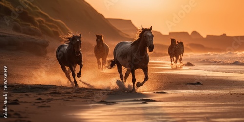 Close-up of white horses run along the coast through water. © radekcho