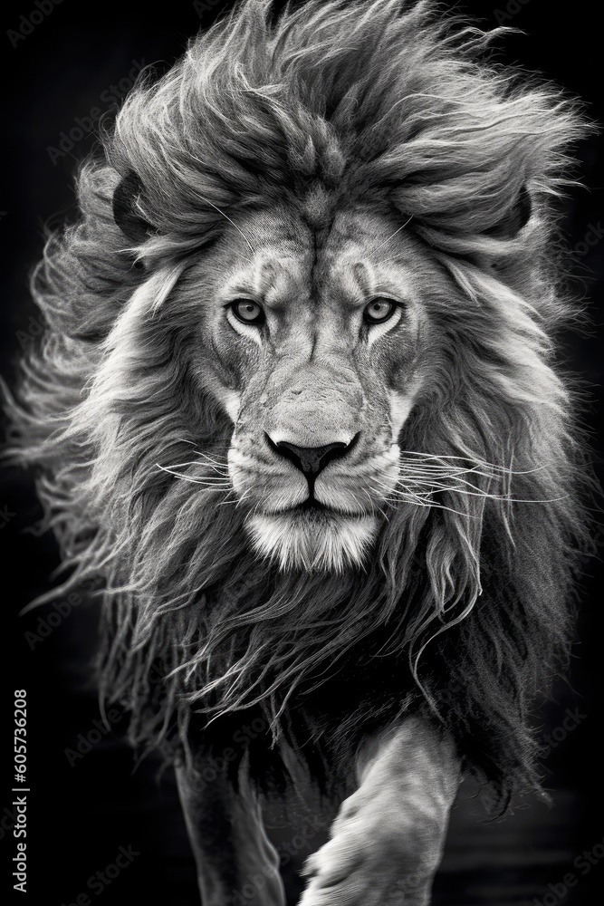 Portrait of a close up lion king isolated on black. Black and white photography.