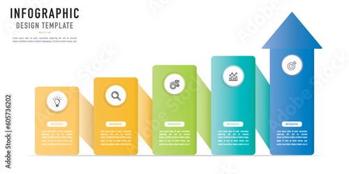 Rectangular, funnel, ribbon origami infographic template or element with 5 step, process, option, colorful 3D rectangle, arrow, circle, button, label, minimal, modern style, for sale slide, workflow