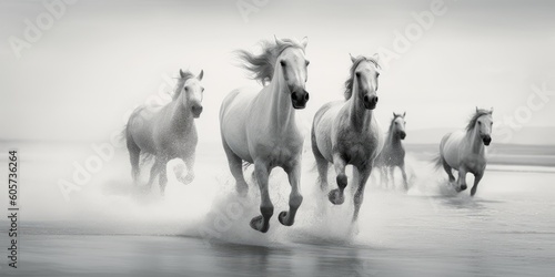 Close-up of white horses run along the coast through water. Black and white. © radekcho
