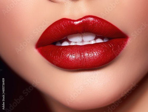 Close up of sexy red lips. Beautiful perfect makeup. Beautiful red lip gloss. Cosmetic. Mouth open  big lips. Cosmetic beauty procedures.