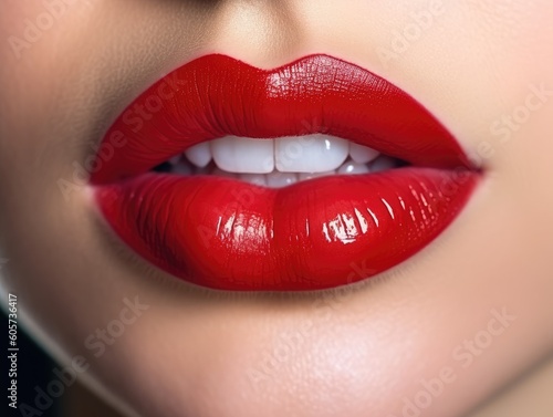 Close up of sexy red lips. Beautiful perfect makeup. Beautiful red lip gloss. Cosmetic. Mouth open, big lips. Cosmetic beauty procedures.