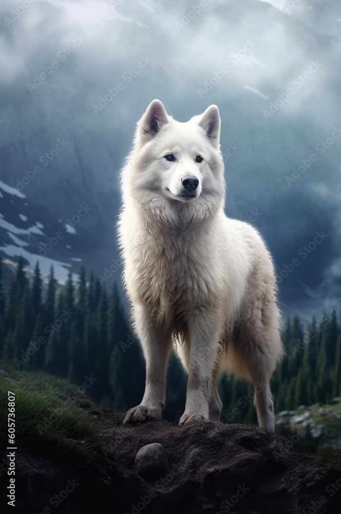 Obraz premium Beautiful white Swiss shepherd dog in a mountainous landscape created with Generative AI technology