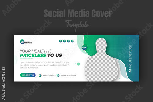 Corporate medical healthcare treatment timeline cover and web banner template with geometric green gradient color shapes and white background