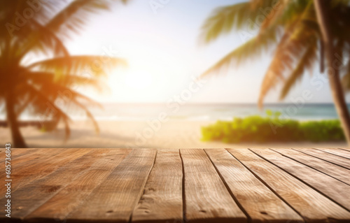 Empty wooden table on blurred tropical beach background