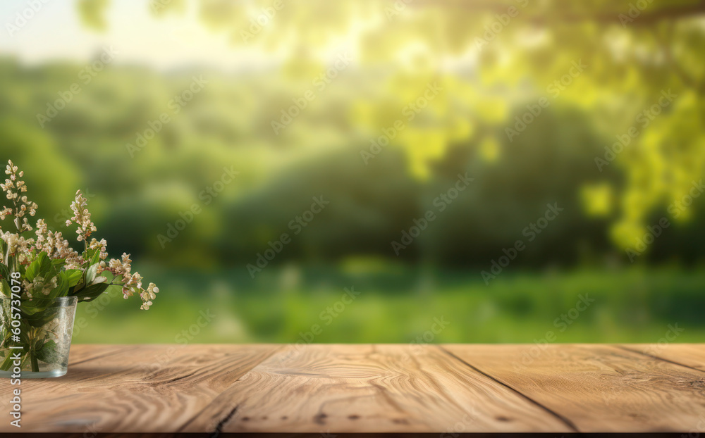 Wooden Table on Blurred Spring Meadow