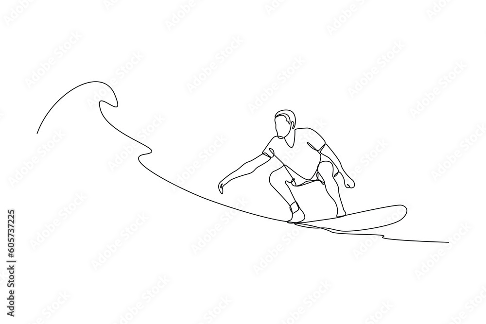 Continuous one-line drawing man learning to surf on the beach. Class it up concept. Single line drawing design graphic vector illustration Continuous one-line drawing man learning to surf on the beach. Class it up concept. Single line drawing design graphic vector illustration