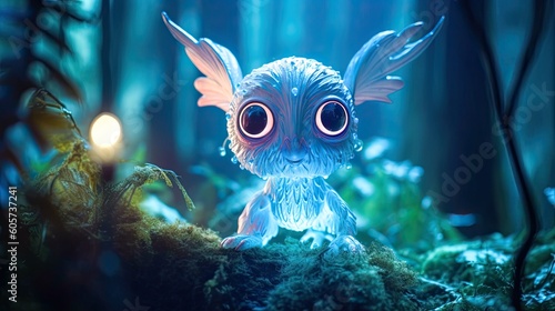 Tiny fairy cute monster in a misty magical fairy tale forest. Little magical creature with beautiful eyes with neon lights in the background. Generative ai