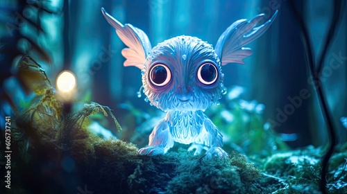 Tiny fairy cute monster in a misty magical fairy tale forest. Little magical creature with beautiful eyes with neon lights in the background. Generative ai