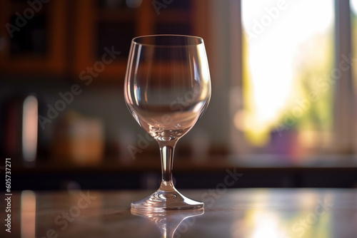 Single empty wine glass on kitchen counter. Generative AI illustration