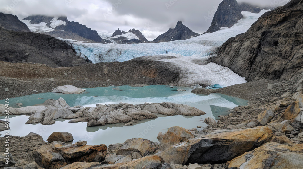 view of melting glacier with mountains in the background
