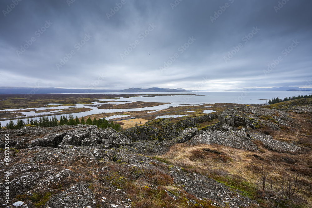 Thingvellir National Park of Iceland, view from the place where the two tectonic plates of Europe and America split away. Travel through the landscapes of Iceland.