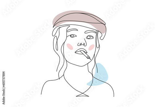 Woman Smoking Line Art Drawing. Girl Smoking Abstract Linear Silhouette on White Background. Woman Modern Line Drawing for Glamour Logo Minimal Style, Label Design.