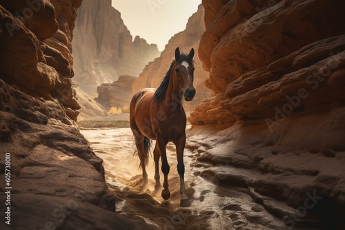 A cartoon horse runs through a canyon in a raster illustration. Generative AI