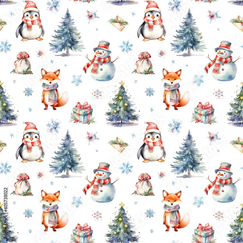 Watercolor Christmas pattern with snowman, fox, penguin, christmas trees and gift boxes isolated on white. Can be used for wrapping paper, textile, wallpaper, cards. 