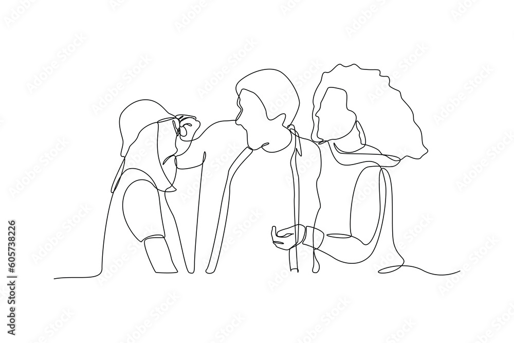 Single one-line drawing three friends joking together. Diversity in college concept. Continuous line drawing illustration Single one-line drawing three friends joking together. Diversity in college concept. Continuous line drawing illustration