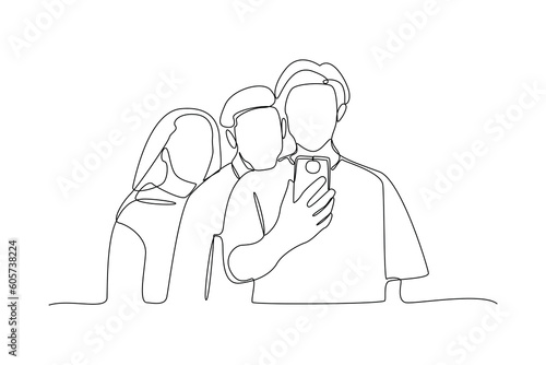 Single one-line drawing three best friends selfie in class. Diversity in college concept. Continuous line drawing illustration