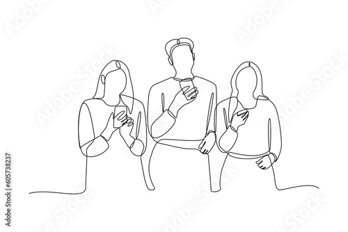 Single one-line drawing three college students studying with cell phones. Diversity in college concept. Continuous line drawing illustration