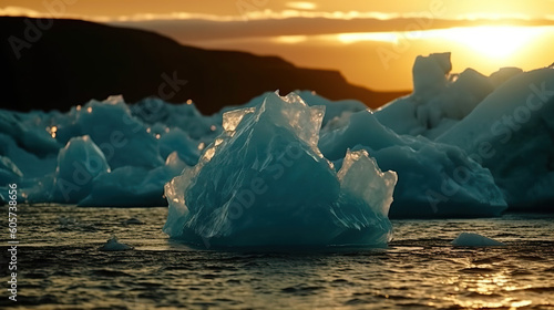 Ice floes breaking off glacier with sunset in the background.