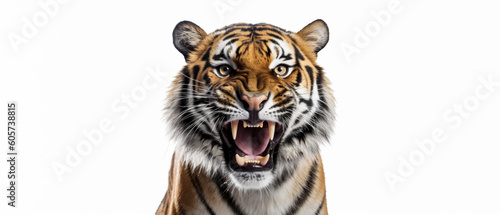 Lion on isolated white background  roaring and aggressive face Generative AI