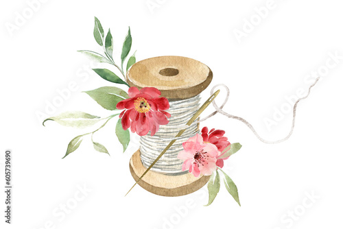 Sewing logo. Watercolor, spool of thread and flowers. Vintage logo. Retro tailor logo.