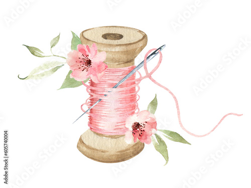 Vintage illustration spool of thread with flowers, sewing logo. Watercolor illustrathion. Watercolor tailor logo.