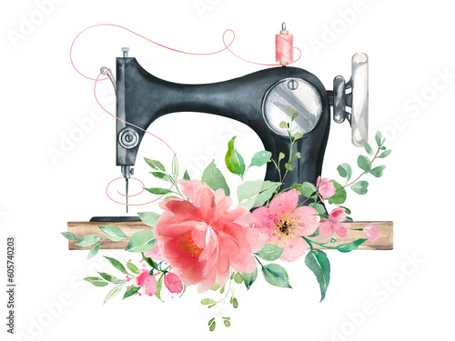 Retro sewing machine and flowers - sewing logo. Vintage atelier logo.