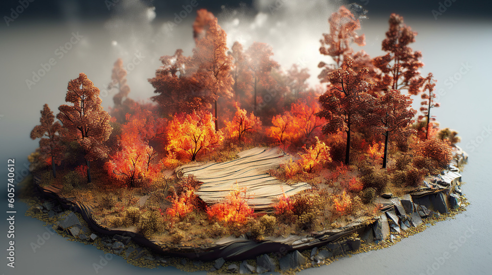 Small model of a forest on fire.
