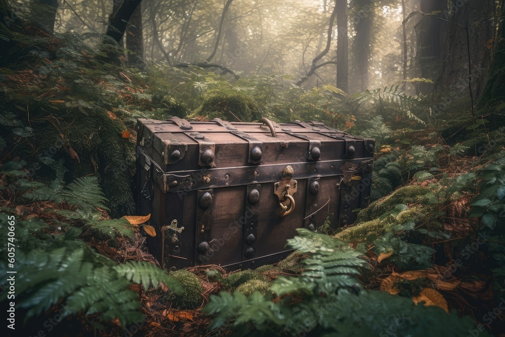 Fotografi a treasure cache hidden deep inside a forest, surrounded by trees and foliage, c