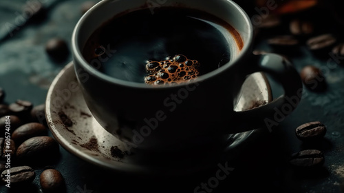 Elegant cup with black coffee. Dark photography.