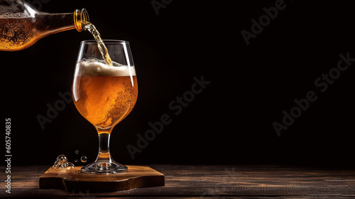Elegant crystal goblet being filled by beer falling from the bottle.