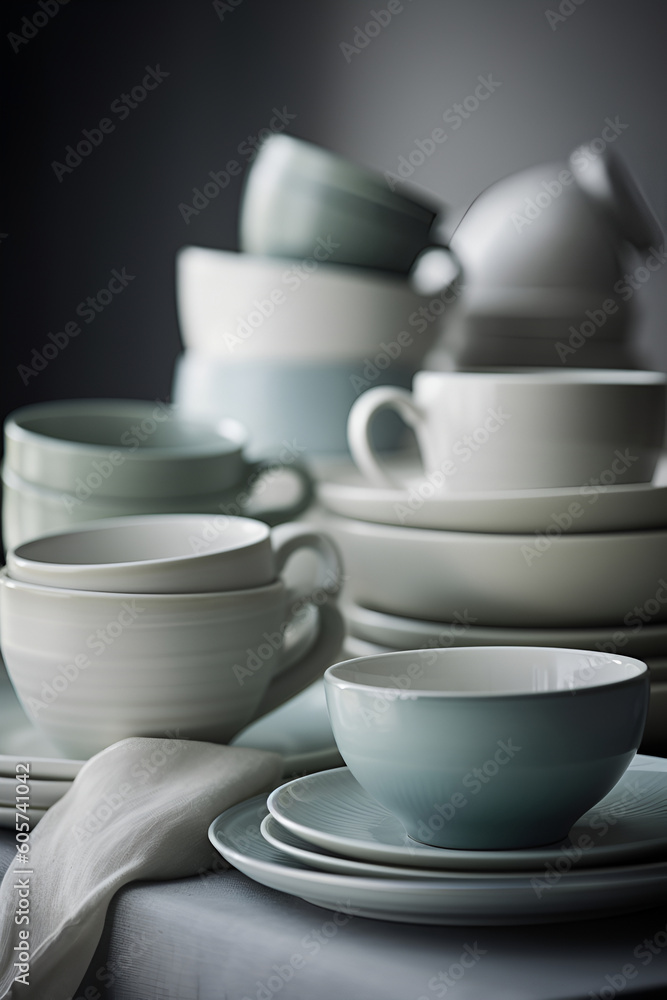 Household ceramic items. Pastel color crockery: stacks of bowls and mugs. AI generated Household ceramic items. Pastel color crockery: stacks of bowls and mugs. AI generated