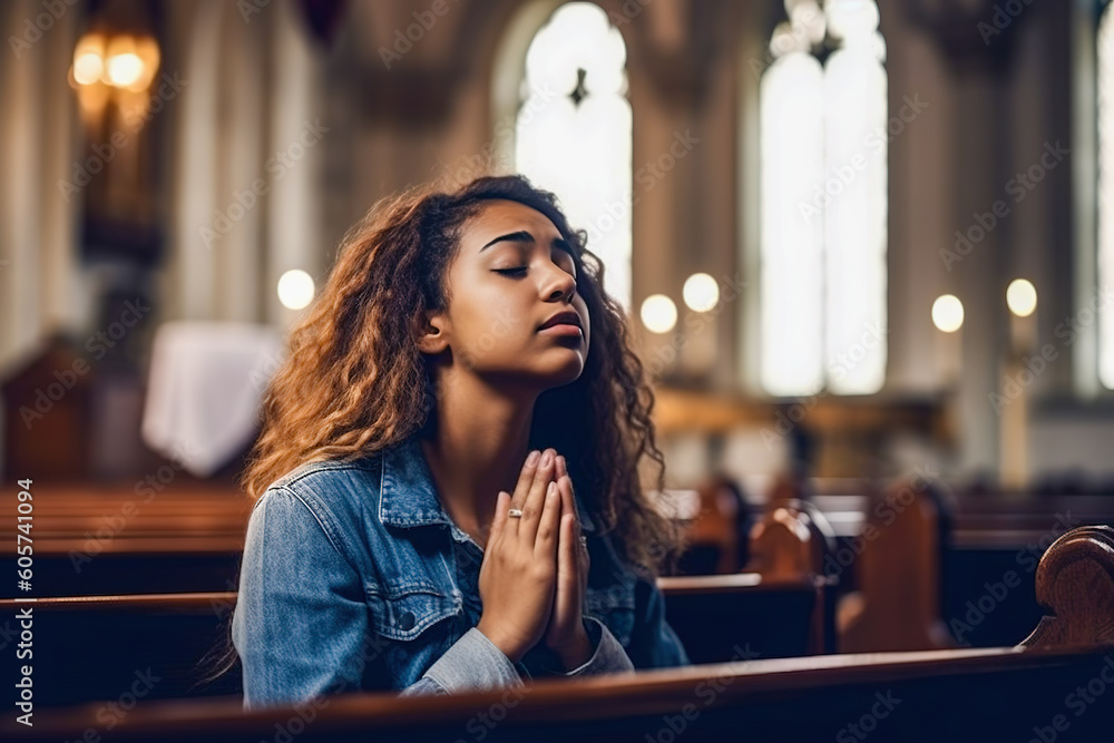 Young woman praying to god in church. Faith in religion and belief in God. Power of hope or love and devotion. - obrazy, fototapety, plakaty 