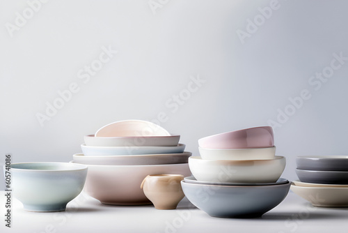 Household ceramic items. Pastel color crockery: stacks of bowls and mugs. AI generated