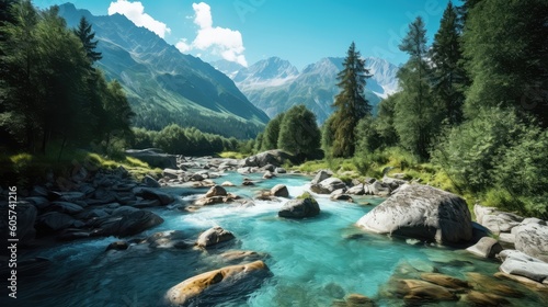 Beautiful Switzerland Blue River Stream Landscape Wallpaper Generated AI