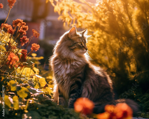 beautiful fluffy brown cat sitting in a blooming garden in spring/summer - Generative AI photo
