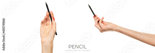 Close-up Female hand writing with a pencil, black wooden pencil in hand, isolated on white background with clipping path