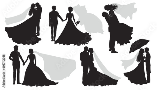 Set of vector silhouettes of a groom and a bride. 