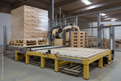 palletizer robot, lifting and moving pallets of different sizes, created with generative ai photo