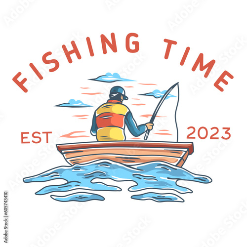 vector illustration.man fishing with tarditional boat.retro and vintage style design