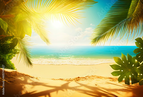 Summer background with frame, nature of tropical golden beach with rays of sun light and leaf palm. Golden sand beach close-up, sea, blue sky, white clouds. Copy space, summer vacation concept. © Vladislav