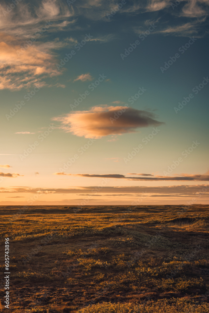 Rural scene with remote wilderness and sunset sky on summer at Iceland
