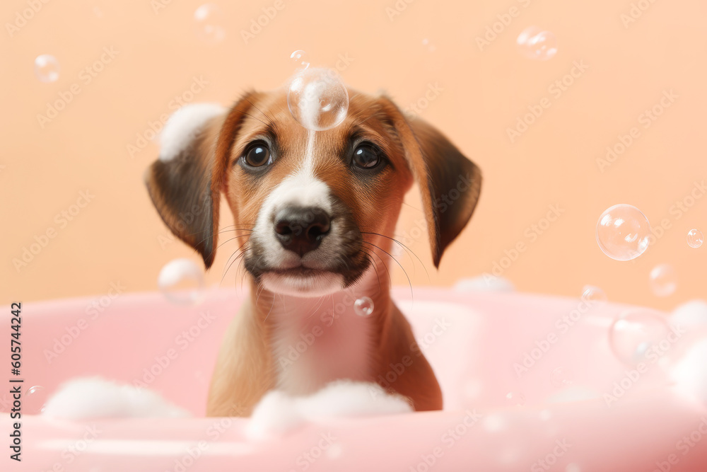 Cute dog taking a bath. The dog is sitting in a bubble bath, dog grooming concept. Generative AI. Cute dog taking a bath. The dog is sitting in a bubble bath, dog grooming concept. Generative AI.