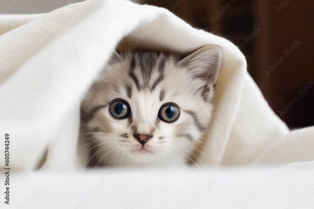 Cute little kitten lying on white blanket on bed. Generative AI.