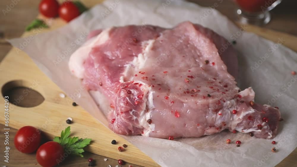 Raw pork on a cutting board. Close-up. Movement from left to right. High quality FullHD footage Raw pork on a cutting board. Close-up. Movement from left to right. High quality FullHD footage