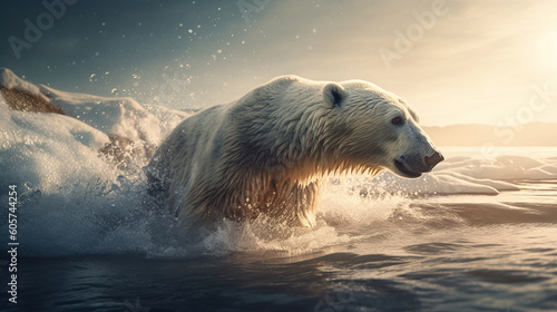 Polar bear running on the water.