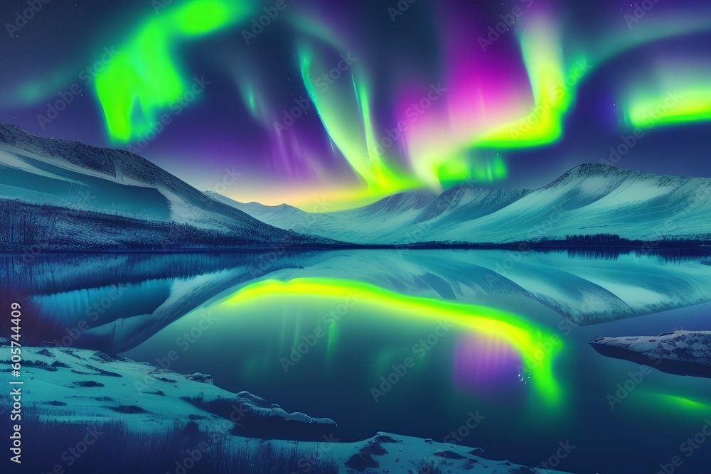 Lake with Northern lights or Aurora borealis in the sky over it, night - generative ai
